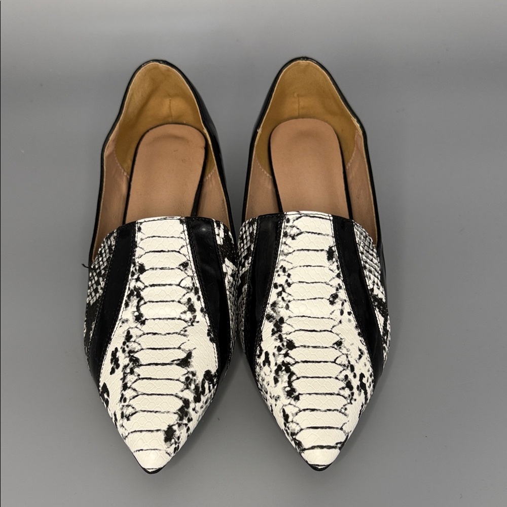 Pointed Toe Women’s Slip-On Flats in Black and White Snake Print